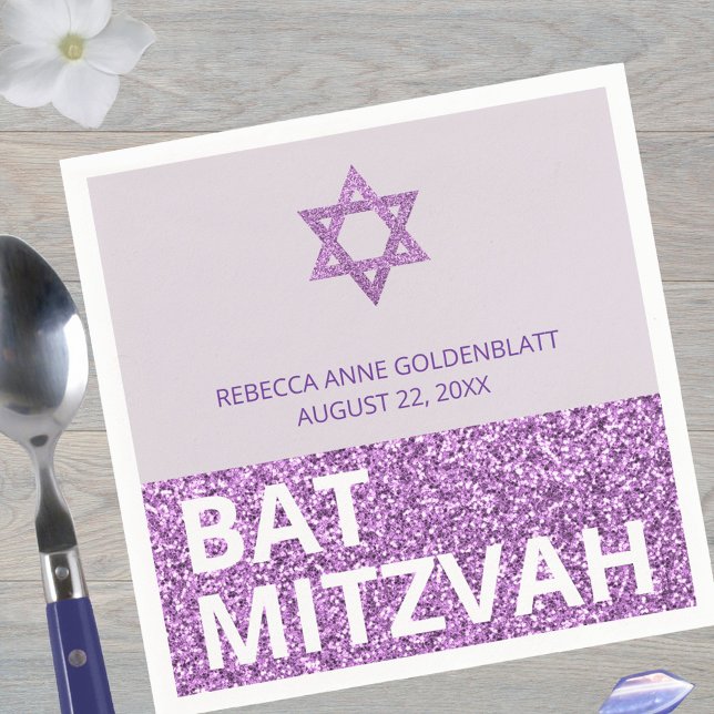 Servilleta De Papel Glam Moda Púrpura Elegante Bat Religioso Mitzvah (Add to the purple theme with custom Bat Mitzvah paper napkins)