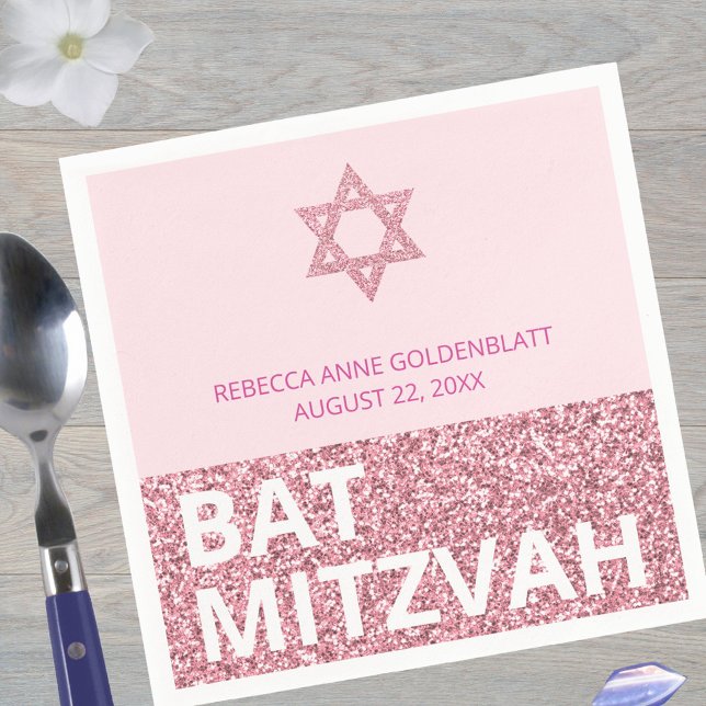 Servilleta De Papel Glam Moda Rosa Elegante Bat Religioso Mitzvah (Just add your daughter's name and the date of the Bat Mitzvah to these bold pink glam paper napkins)