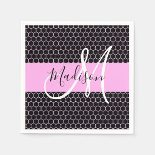 Servilleta De Papel Glam Negro Metálico Rosa Panal Monograma Nombre