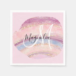 Servilleta De Papel Glam Oro Rosa Azul Monograma de Pincelada de Piedr