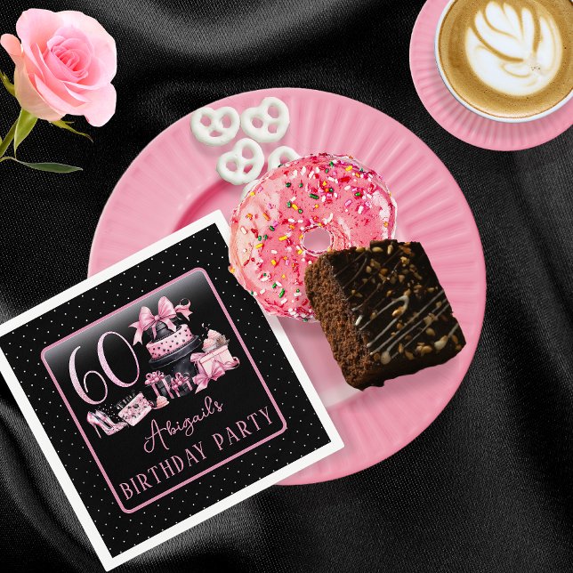 Servilleta De Papel Glam Pink Black Fashion Fiesta de cumpleaños númer (Glam Pink and Black French Couture Fashion 60th Birthday Party Paper Napkins)