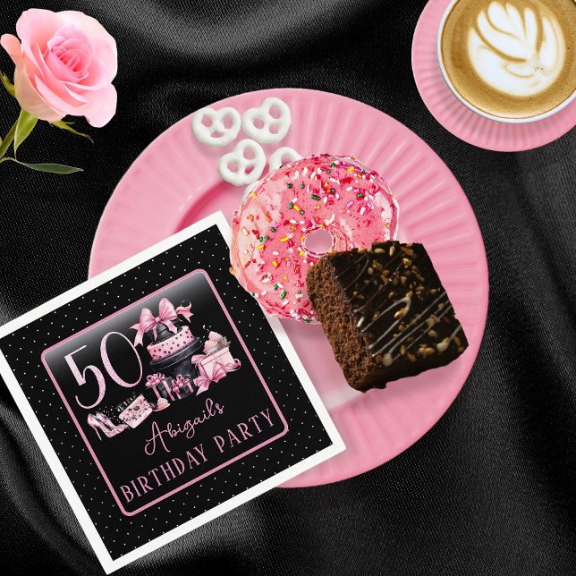 Servilleta De Papel Glam Pink Black Fashion Fiesta de cumpleaños númer (Glam Pink and Black French Couture Fashion 50th Birthday Party Paper Napkins)