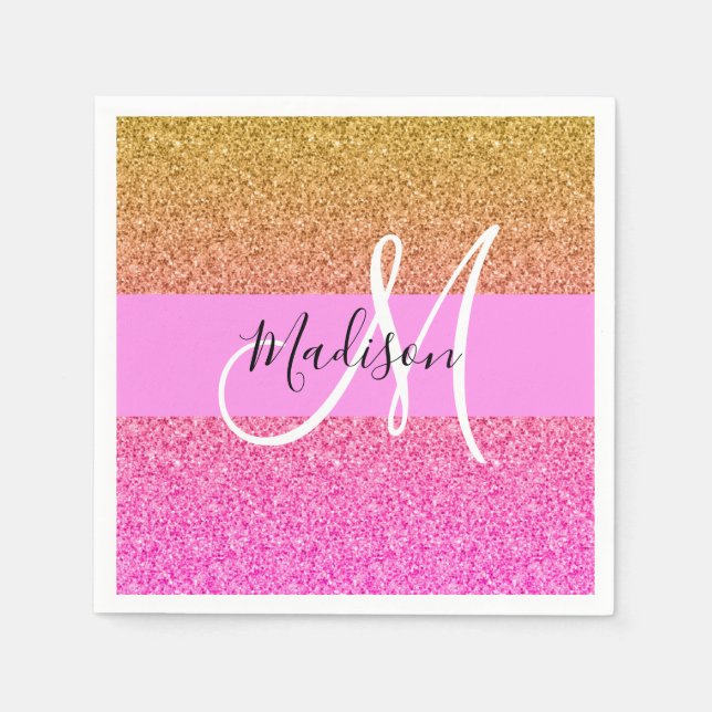 Servilleta De Papel Glam Pink & Gold Brillo Destello Gradiente Monogra (Anverso)