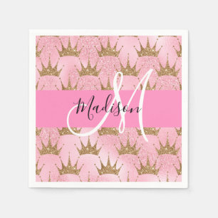 Servilleta De Papel Glam Pink y Oro Brillo Purpurina Coronas Monograma
