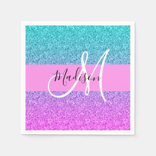 Servilleta De Papel Glam Purple Aqua Purpurina Sparkle Gradiente Monog (Anverso)