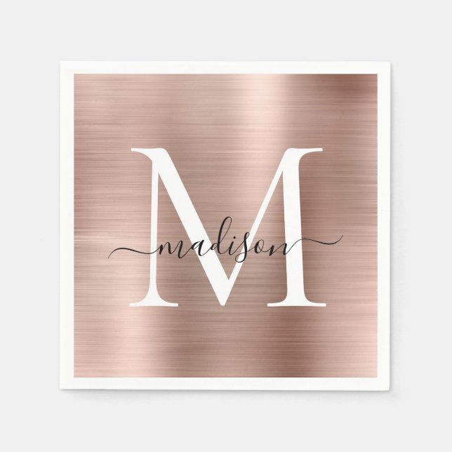 Servilleta De Papel Glam Rosa Gold Sparkle Monograma Script Metálico (Anverso)