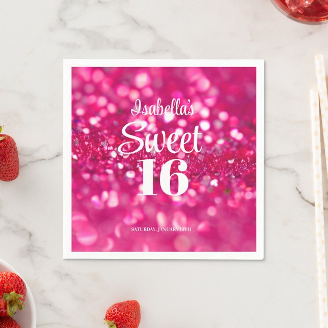 Servilleta De Papel Glam Sweet, Purpurina rosa caliente, 16 cumpleaños (Hot Pink Sparkle Sweet 16 Personalized Party Cocktail Napkins)