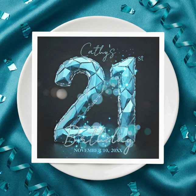 Servilleta De Papel Glam Teal Blue Faceted Crystal 21st Birthday Party (Subido por el creador)