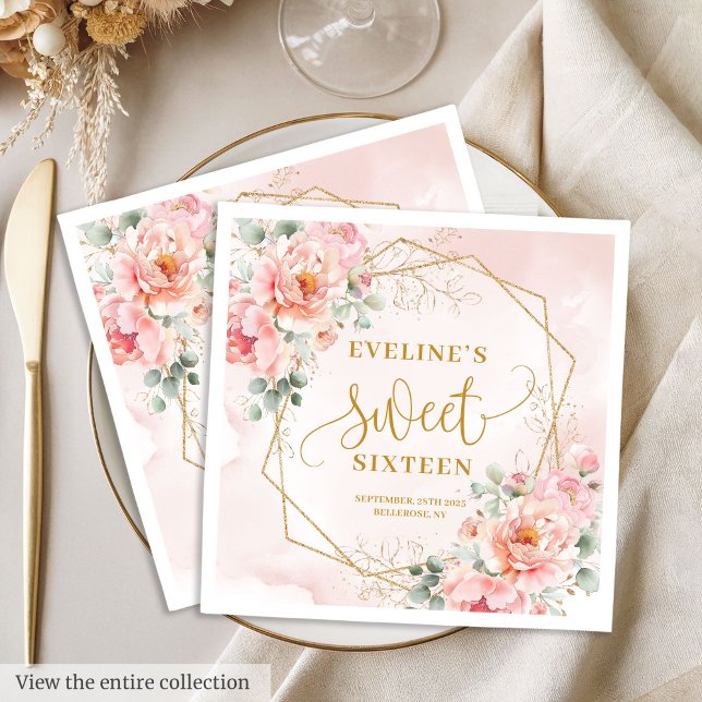 Servilleta De Papel Glamoroso Pastel Oro Rosa Dulce Floral 16 serville (Glamorous Pastel Pink Gold Floral Sweet 16 Napkins)