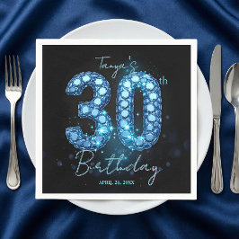 Servilleta De Papel Glamorous Blue & Black Sparkle Jewel 30th Birthday