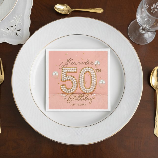 Servilleta De Papel Glamorous Pearly Soft Pink and Gold 50th Birthday (Subido por el creador)
