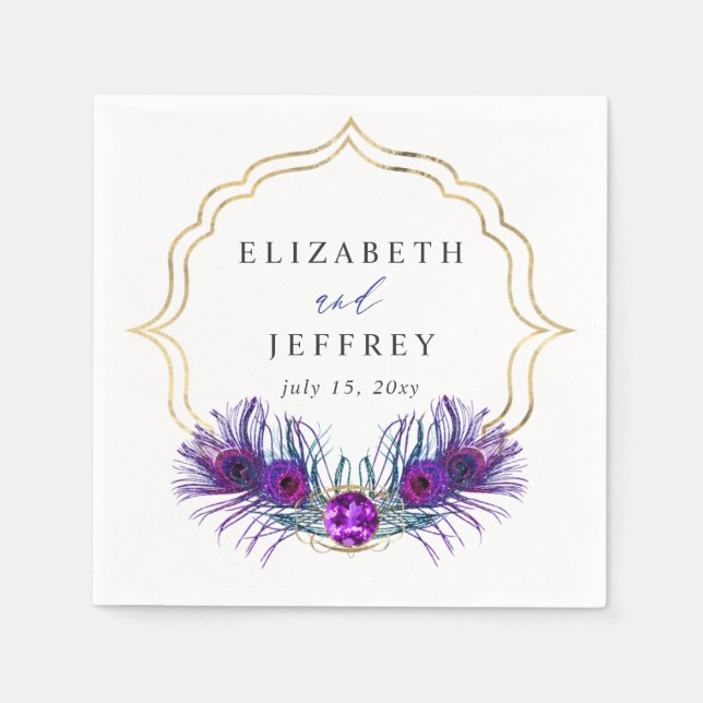 Servilleta De Papel Glitter Gold Blue Purple Peacock Plume Wedding (Anverso)