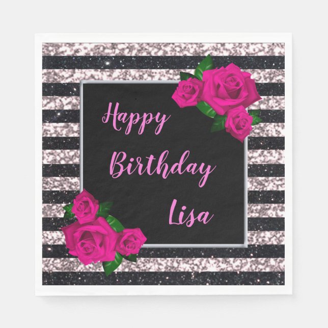 Servilleta De Papel Glitter Negros Rayas Rosas Cumpleaños (Anverso)