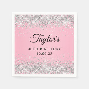 Servilleta De Papel Glitter Plateado Ombre Rosa 40 Cumpleaños