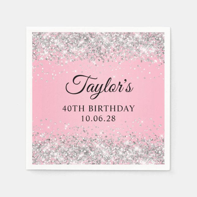 Servilleta De Papel Glitter Plateado Ombre Rosa 40 Cumpleaños (Anverso)