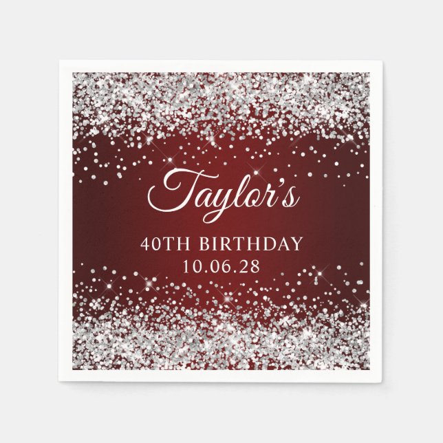 Servilleta De Papel Glitter Plateado Rojo Oscuro Ombre 40 Cumpleaños (Anverso)