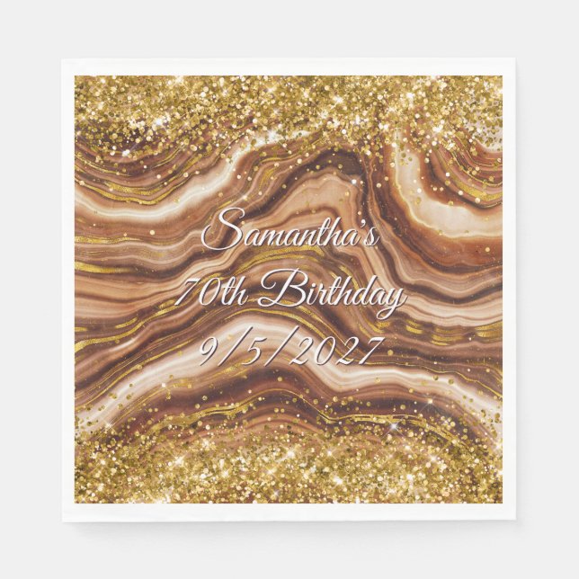 Servilleta De Papel Glittery Gold y Agata Marrón Cumpleaños 70 (Anverso)
