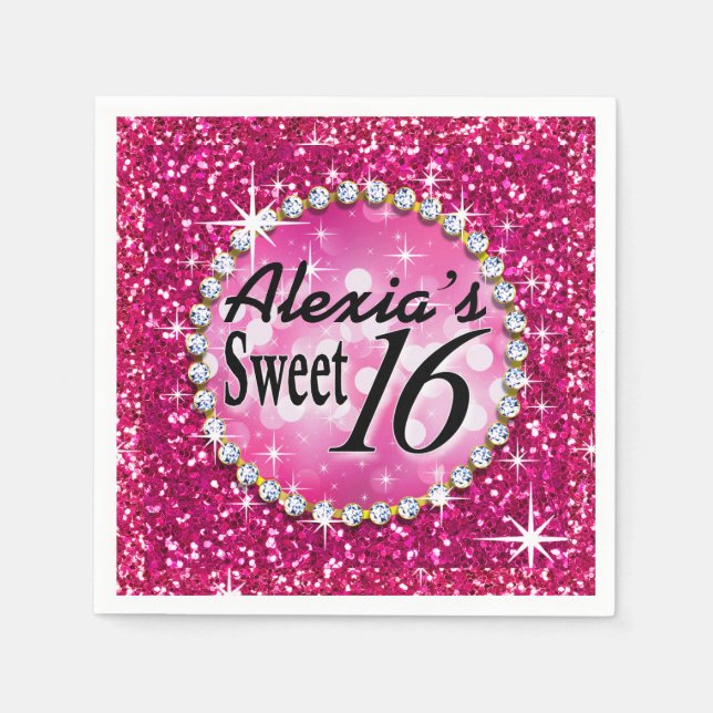 Servilleta De Papel Glitz Bling Purpurina Sparkle Sweet 16 | fucsia (Anverso)