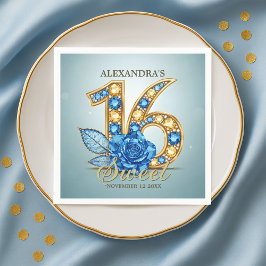 Servilleta De Papel Glitzy Chic Blue Rose Gold Gemstone Sweet 16