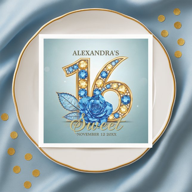 Servilleta De Papel Glitzy Chic Blue Rose Gold Gemstone Sweet 16 (Subido por el creador)
