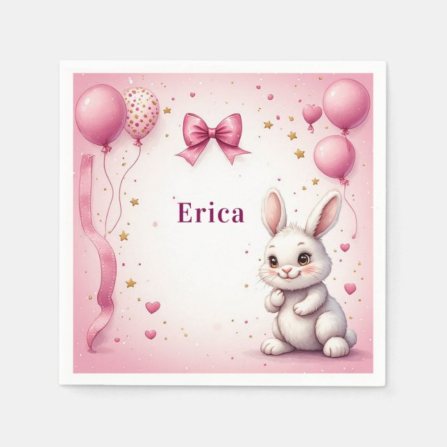 Servilleta De Papel Globo de cumpleaños de conejito rosa 🐰 (Anverso)