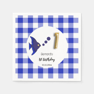 Servilleta De Papel Globo de lámina dorada de gingham azul Pez Cumplea