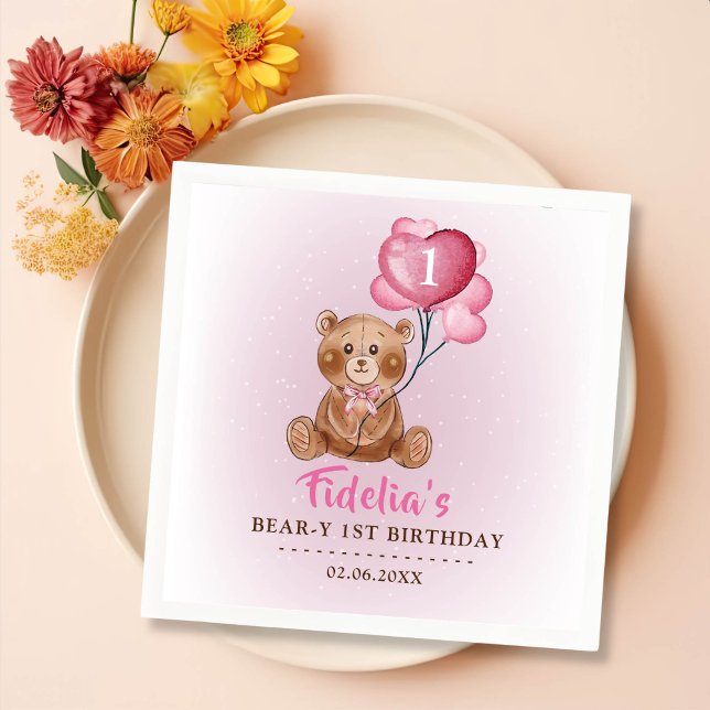 Servilleta De Papel Globo de oso rosa Teddy primer cumpleaños (Subido por el creador)