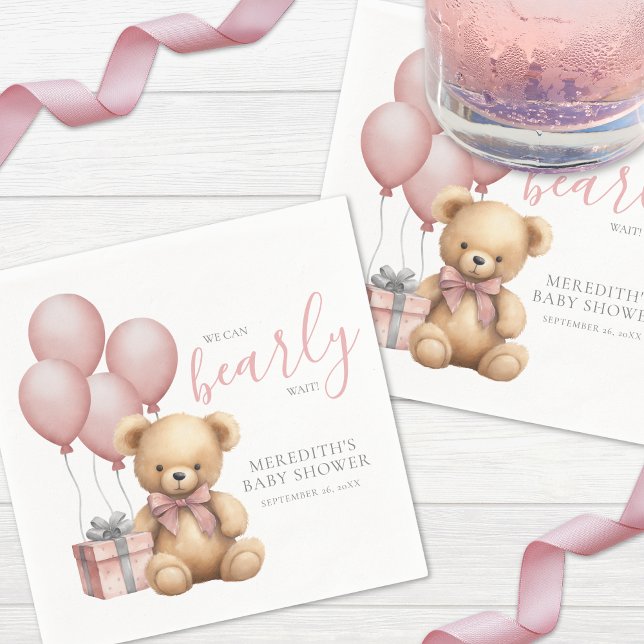 Servilleta De Papel Globo rosa Teddy Bear Baby Shower (Pink Balloon Teddy Bear Baby Shower Napkins)