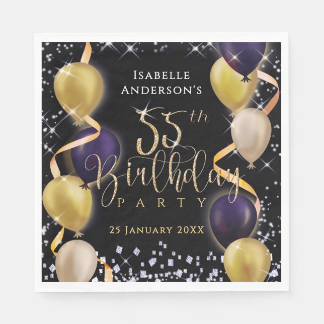 Servilleta De Papel Globos Brillantes Cumpleaños 55 Negro (Anverso)