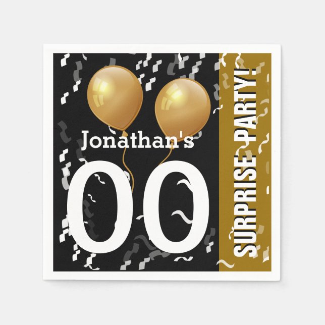 Servilleta De Papel Globos Confetti Surprise Cumpleaños B02 ORO NEGRO (Anverso)
