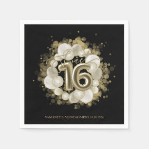 Servilleta De Papel Globos de acuarela dorados y negros para Sweet 16