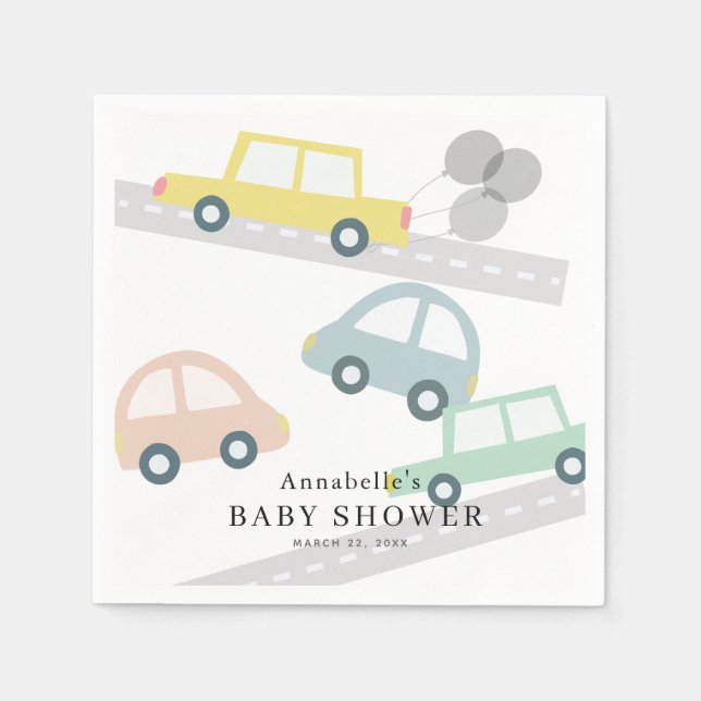 Servilleta De Papel Globos de coches amarillos Baby Shower blanco (Anverso)