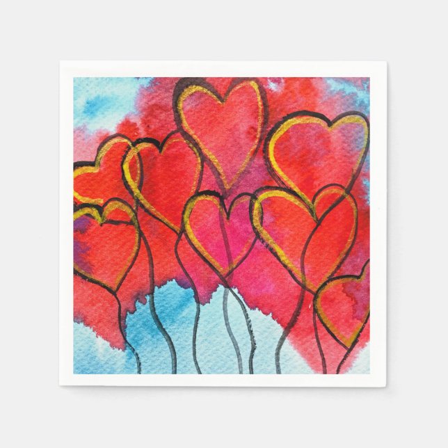 Servilleta De Papel Globos de corazón rojo San Valentín acuarela (Anverso)