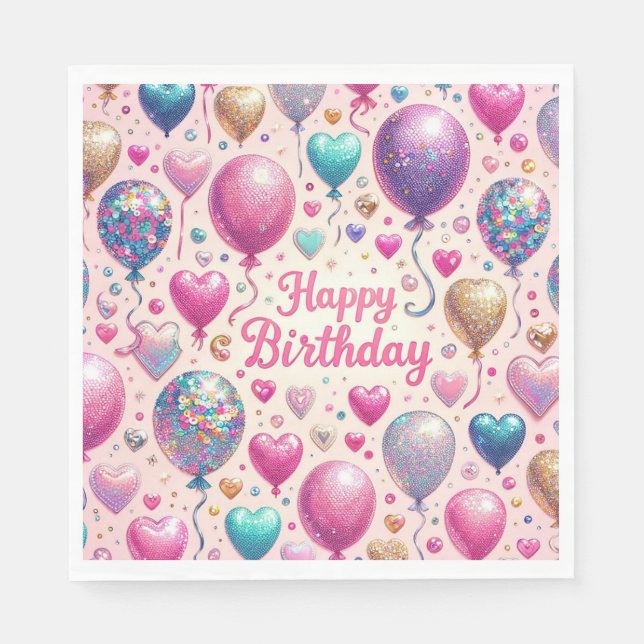 Servilleta De Papel Globos de cumpleaños con purpurina (Anverso)