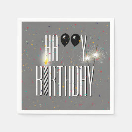 Servilleta De Papel Globos de cumpleaños negros y esparklers en gris