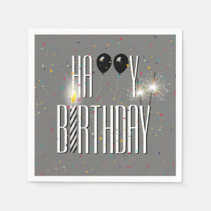 Servilleta De Papel Globos de cumpleaños negros y esparklers en gris
