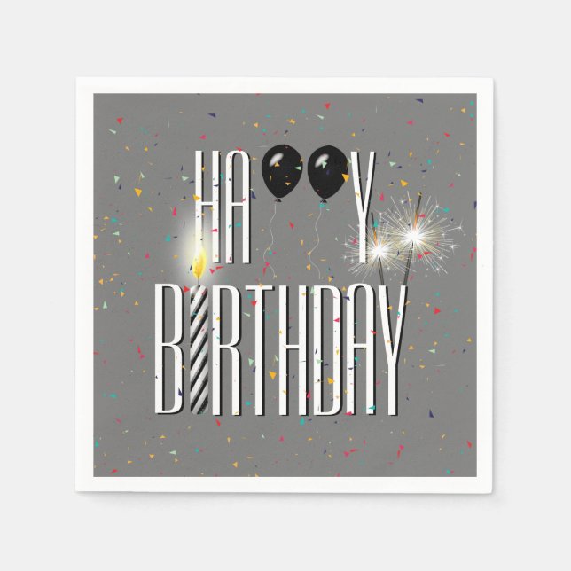 Servilleta De Papel Globos de cumpleaños negros y esparklers en gris (Anverso)