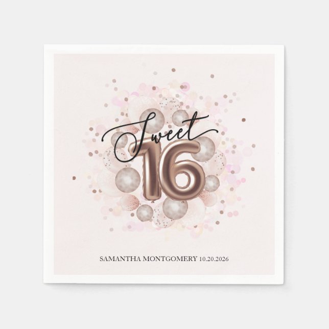Servilleta De Papel Globos de cumpleaños Sweet 16 de rosa dorado para  (Anverso)