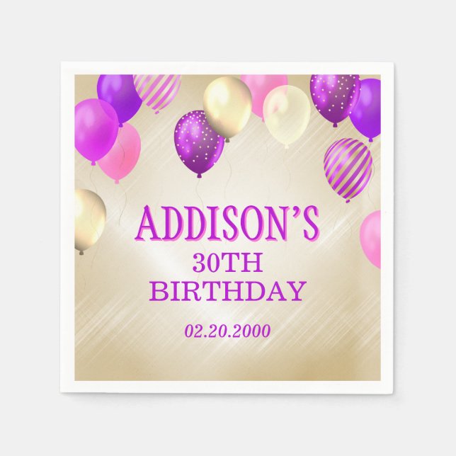 Servilleta De Papel Globos de oro rosado de cumpleaños (Anverso)