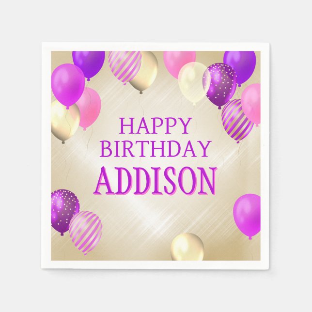 Servilleta De Papel Globos de oro rosado de cumpleaños (Anverso)