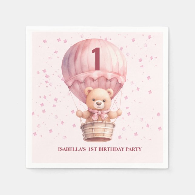 Servilleta De Papel Globos de Osito de Peluche Rosa Pastel Cumpleaños  (Anverso)