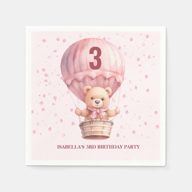 Servilleta De Papel Globos de Osito de Peluche Rosa Pastel Cumpleaños  (Anverso)