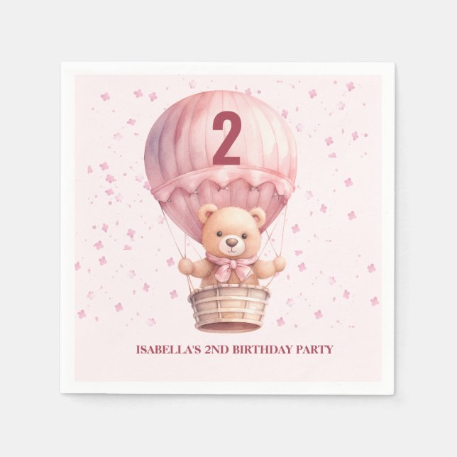Servilleta De Papel Globos de Osito de Peluche Rosa Pastel Cumpleaños  (Anverso)