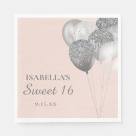 Servilleta De Papel Globos de Purpurina Plateada Rosa Rubor Dulces 16