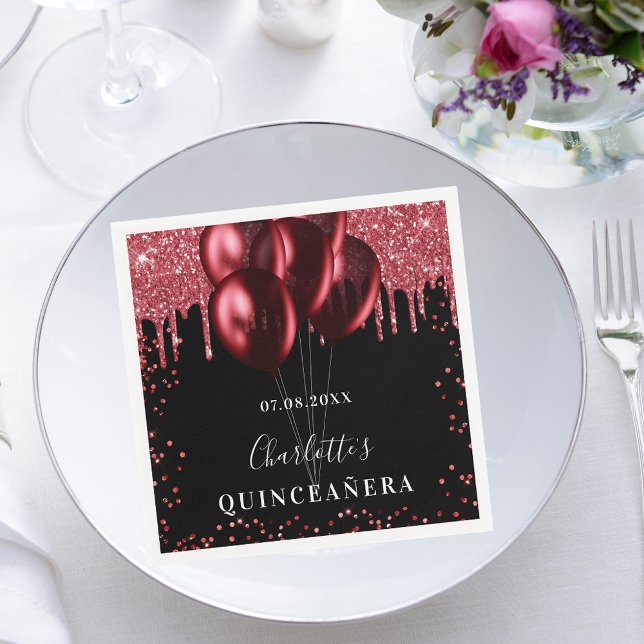 Servilleta De Papel Globos de purpurina rojo negro de Quinceanera (Subido por el creador)