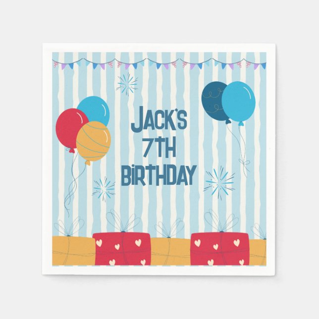 Servilleta De Papel Globos de rayas azules Cumpleaños de niños (Anverso)