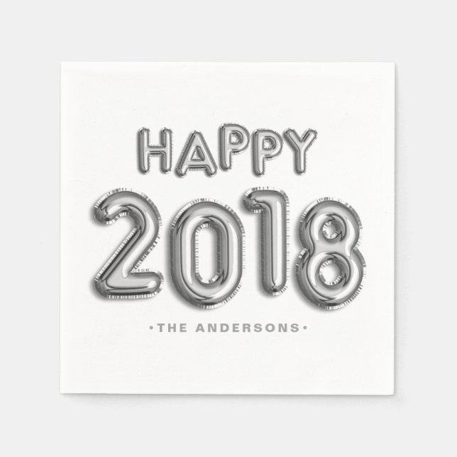 Servilleta De Papel Globos de Relieve metalizado plateado Feliz 2018 | (Anverso)
