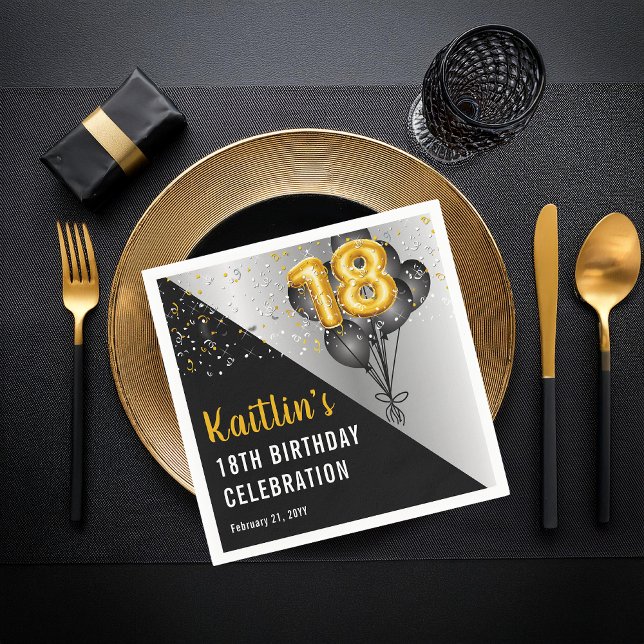 Servilleta De Papel Globos Elegante Negro | Fiesta de los 18 Años de O (Elegant Black Balloons and Gold Tone Balloon Numbers 18th Birthday Party Paper Napkins)