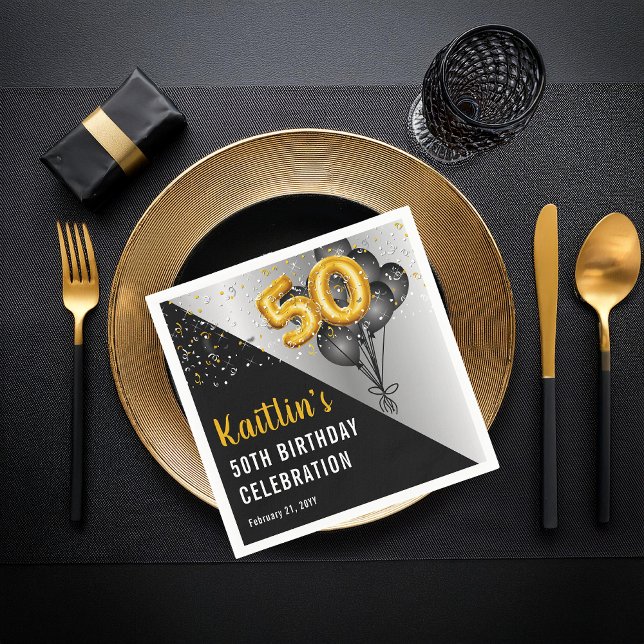 Servilleta De Papel Globos Elegante Negro | Fiesta de los 50 Años de O (Elegant Black Balloons and Gold Tone Balloon Numbers 50th Birthday Party Paper Napkins)