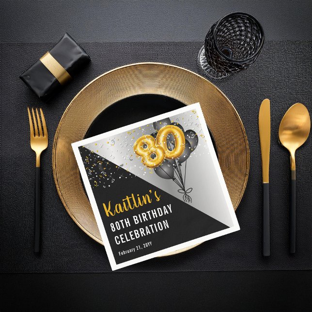Servilleta De Papel Globos Elegante Negro | Fiesta de los 80 Años de O (Elegant Black Balloons and Gold Tone Balloon Numbers 80th Birthday Party Paper Napkins)